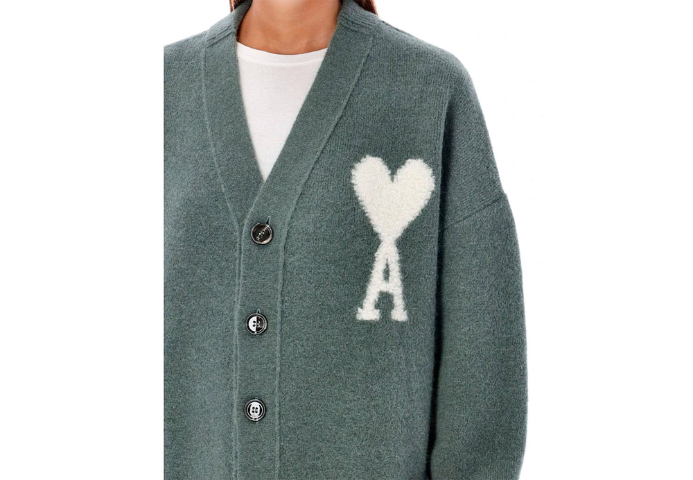 AMI PARIS Wool Off-White Ami de Coeur Cardigan Green