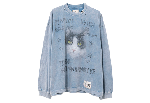 Maison Mihara Yasuhiro Bleached Cat-Print Crewneck T-shirt Blue