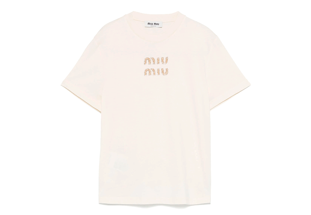 Miu Miu Logo-Embellished Crewneck T-Shirt White