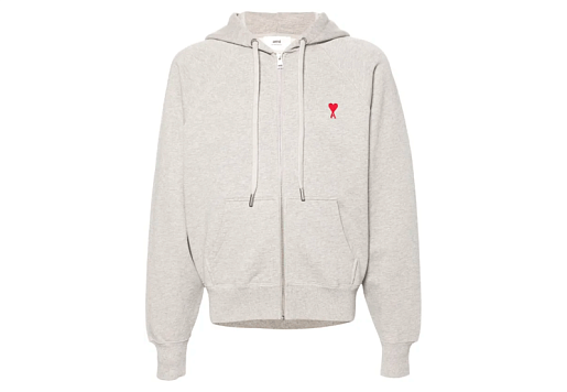 AMI PARIS Ami De Coeur-Embroidered Cotton Zip Hoodie Grey
