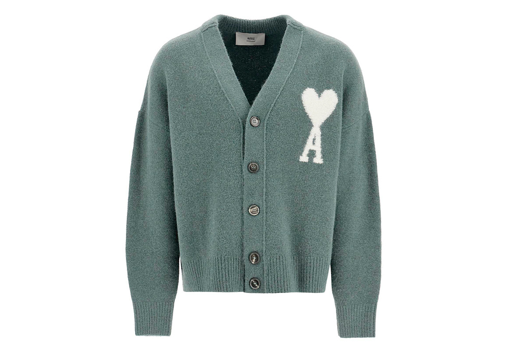 AMI PARIS Wool Off-White Ami de Coeur Cardigan Green