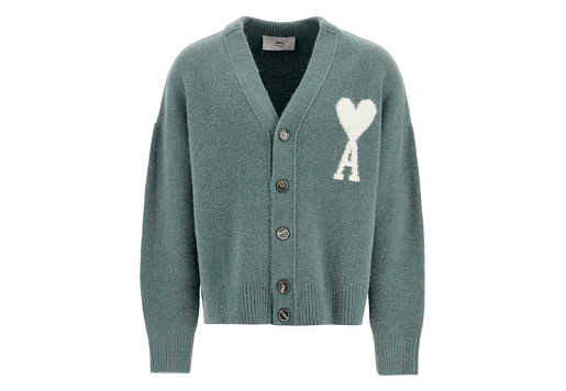 AMI PARIS Wool Off-White Ami de Coeur Cardigan Green