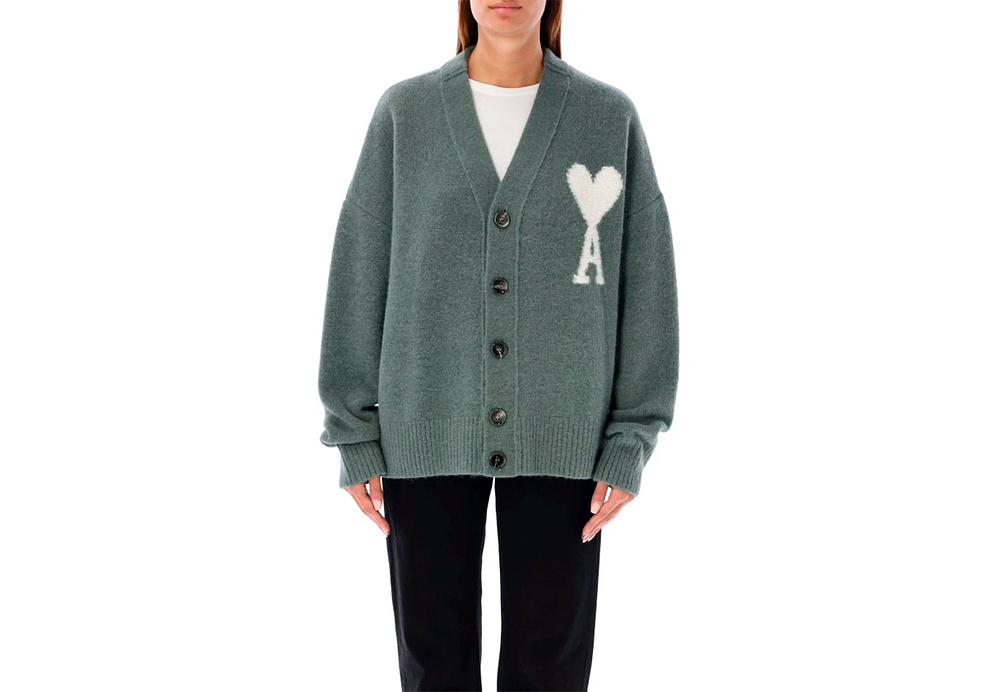 AMI PARIS Wool Off-White Ami de Coeur Cardigan Green